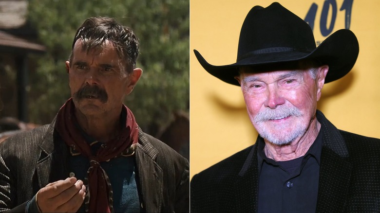 Split image of Buck Taylor in "Tombstone" (left) and Buck Taylor in 2022 (right).