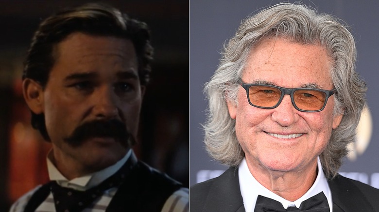 Split image of Kurt Russell in "Tombstone" (left) and Kurt Russell at an event in 2026 (right).