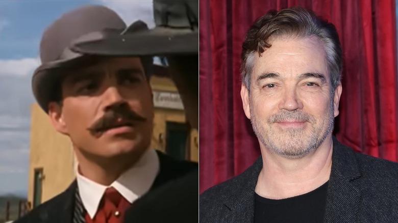 Split image of Jon Tenney in "Tombstone" (left) and John Tenney smiling in 2026 (right).