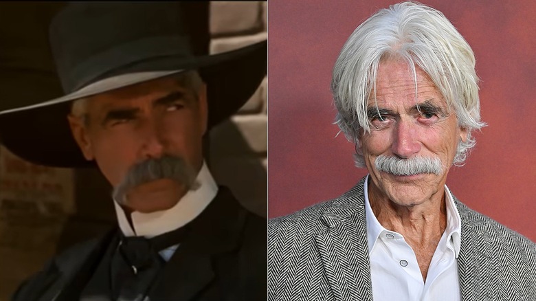 Split image of Sam Elliott in "Tombstone" (left) and Sam Elliott in 2026 (right).