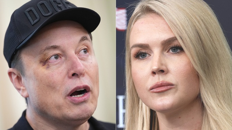 Elon Musk mouth open looking up/Karoline Leavitt serious