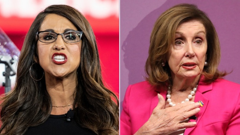 Split image of Lauren Boebert yelling and Nancy Pelosi looking offended