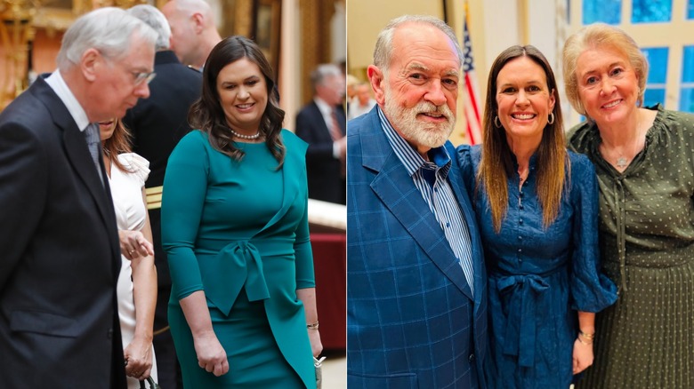 Side-by-side photos of Sarah Huckabee Sanders wearing dresses with bow belts