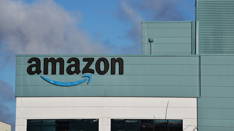 Amazon warehouse with Amazon logo