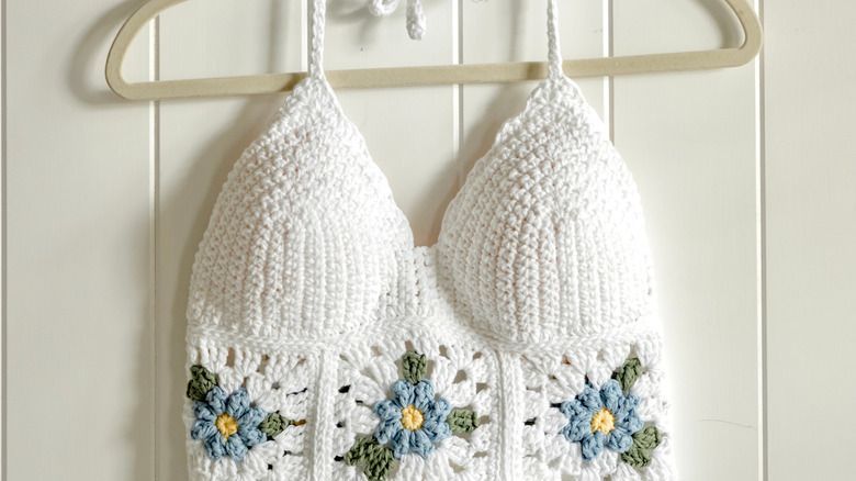 crochet halter top with blue flowers