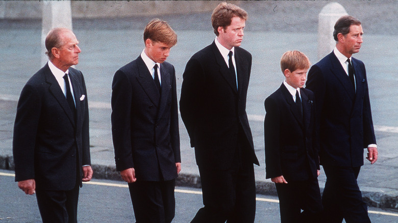Prince Philip, Prince William, Prince Harry, and Prince Charles at Diana's funeral