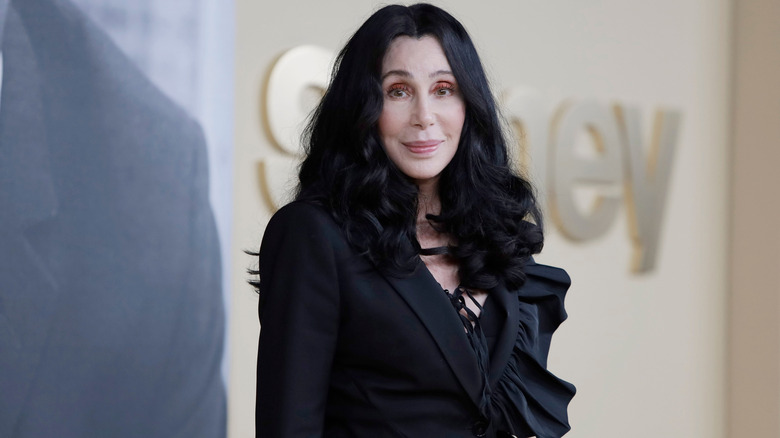 Cher smiling at a red carpet event in an all-black outfit