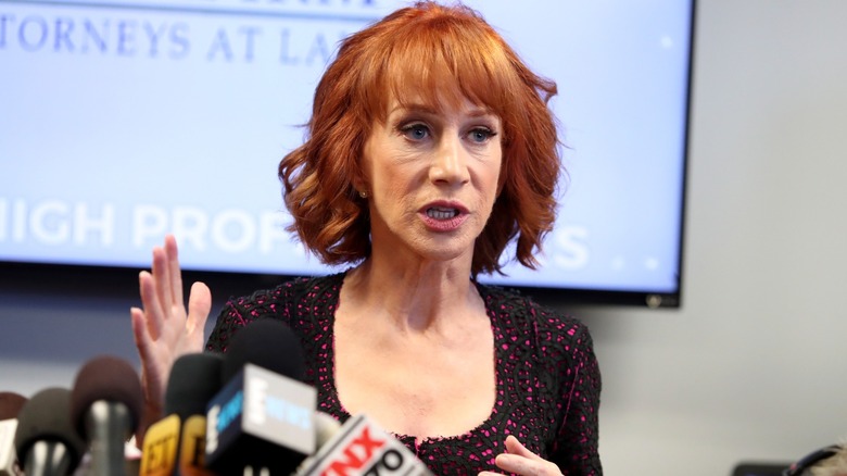 Kathy Griffin talks to the media in 2017