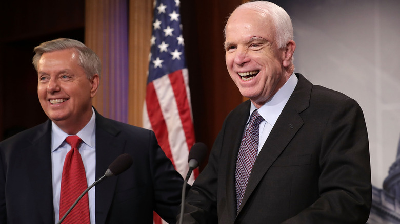 Sen. John McCain (R-AZ) (R) and Sen. Lindsey Graham (R-SC) hold a news conference to say they would not support a 'Skinny Repeal' of health care at the U.S. Capitol July 27, 2017 in Washington, DC.