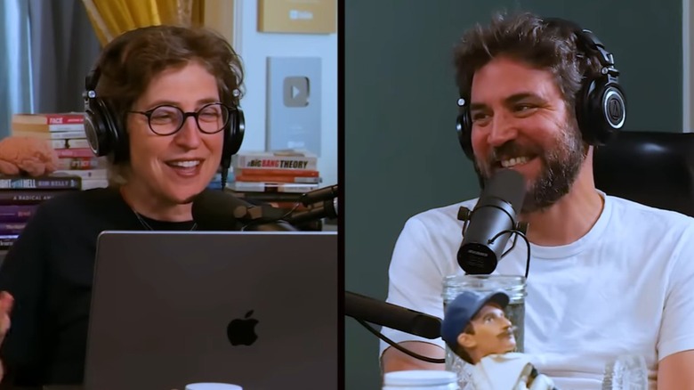 Split image of Josh Radnor and Mayim Bialik speaking on her podcast