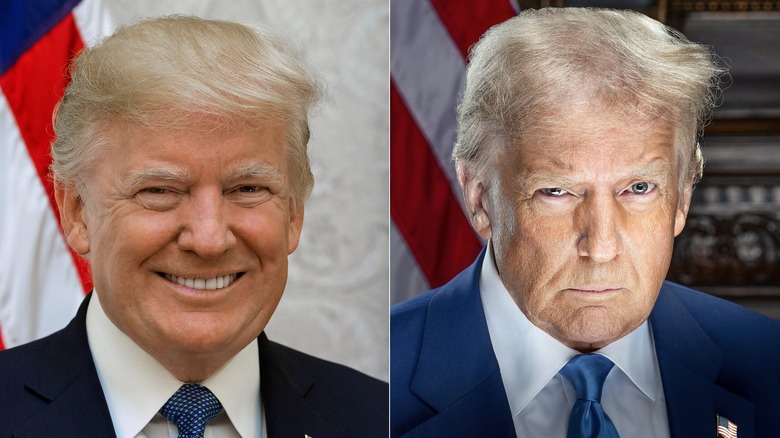 Side by side image of Donald Trump's official Presidential portrait from 2017 and 2025