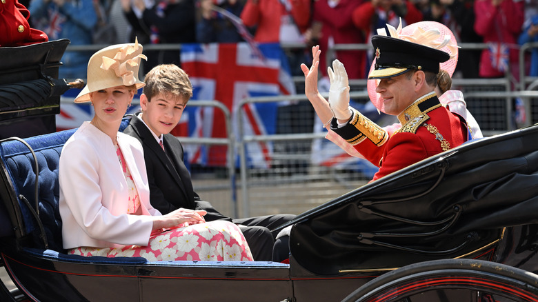 Prince Edward, Earl of Wessex, Sophie, Countess of Wessex, Lady Louise Windsor and James, Viscount Severn during Trooping the Colour on June 02, 2022 in London, England.