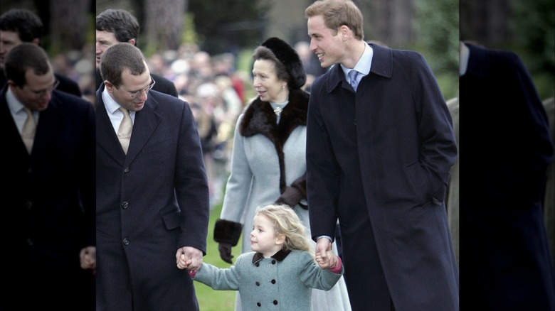 Peter Philips, Princess Anne, and Prince William walking with Lady Margarita Armstrong-Jones