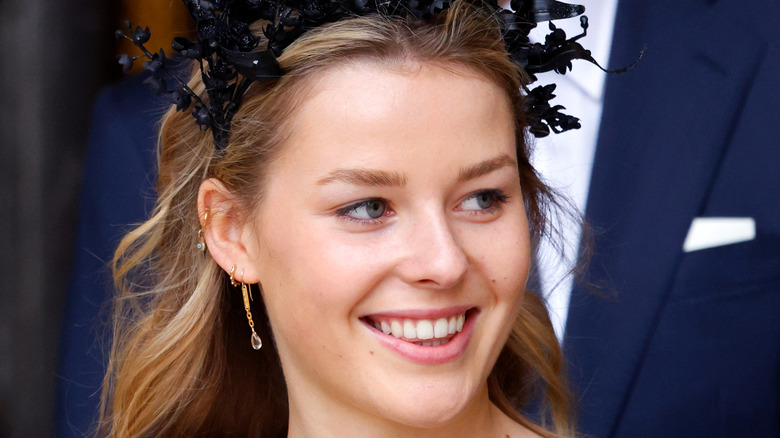 Close-up of Lady Margarita Armstrong-Jones and her jewelry at Prince Philip's memorial service