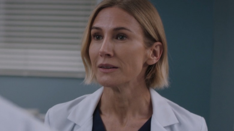 Close-up of Jennifer Landon in white doctor's coat on "Grey's Anatomy"