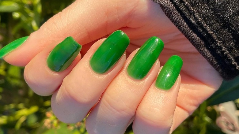 Hand showing green jelly nails
