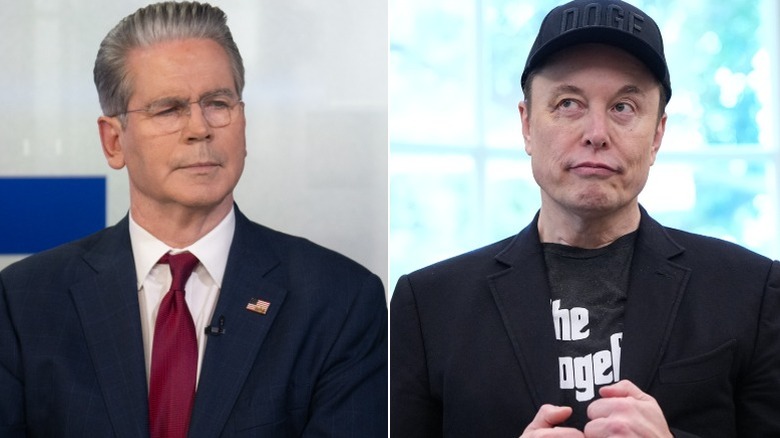 A split image of Elon Musk and Scott Bessent looking at each other