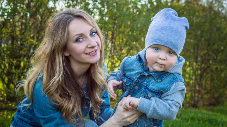 mother and son with blue eyes