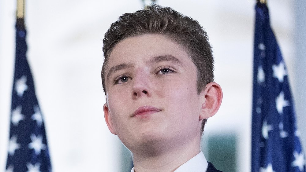 Barron Trump close-up with flags