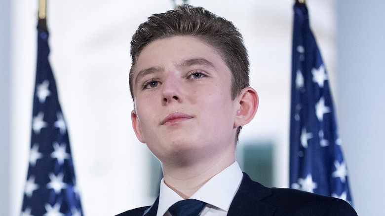 Barron Trump close-up with flags