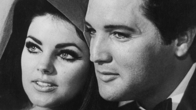 Elvis and Priscilla Presley black and white closeup