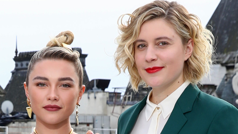 Florence Pugh and Greta Gerwig pose at a Little Women event