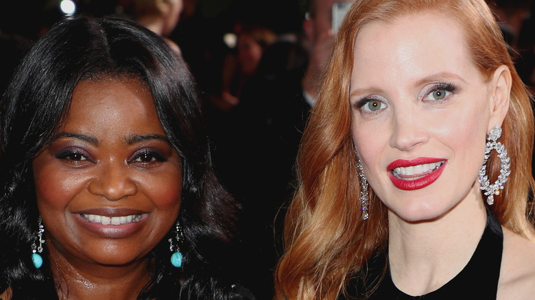 Octavia Spencer and Jessica Chastain smile together at the 2018 Golden Globes