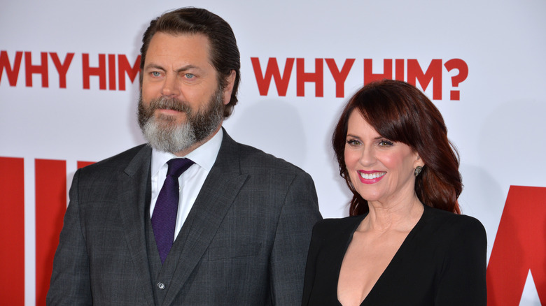 Nick Offerman and Megan Mullally pose on the red carpet