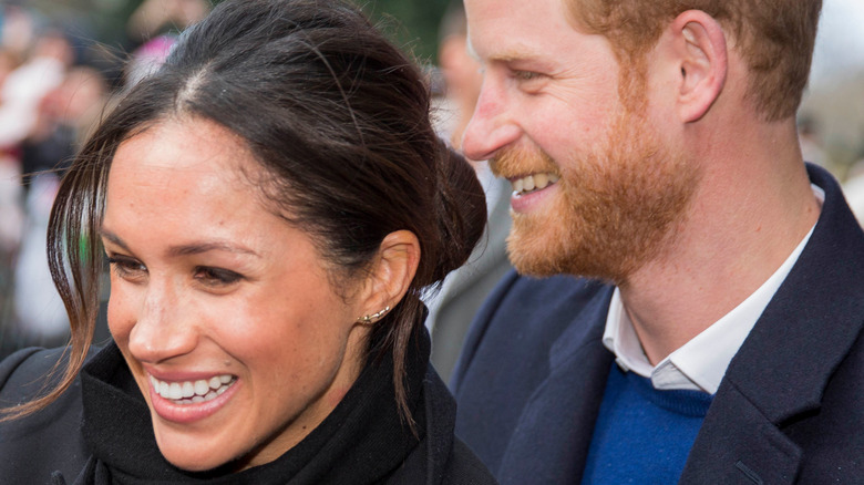 Meghan and Harry smile and greet fans