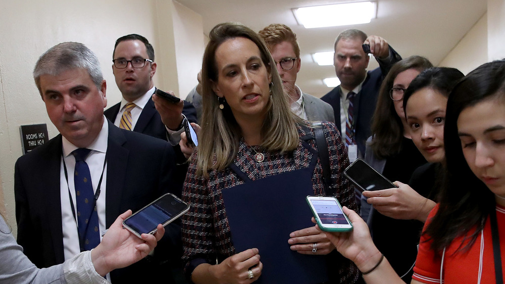 Mikie Sherrill in a press scrum