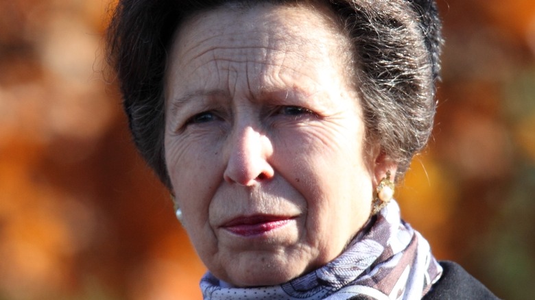 Princess Anne looking pensive and wearing a scarf