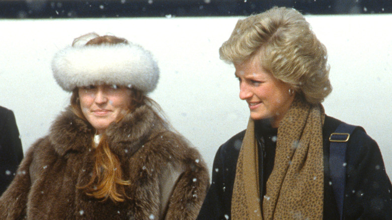 Sarah Ferguson and Princess Diana in winter clothes