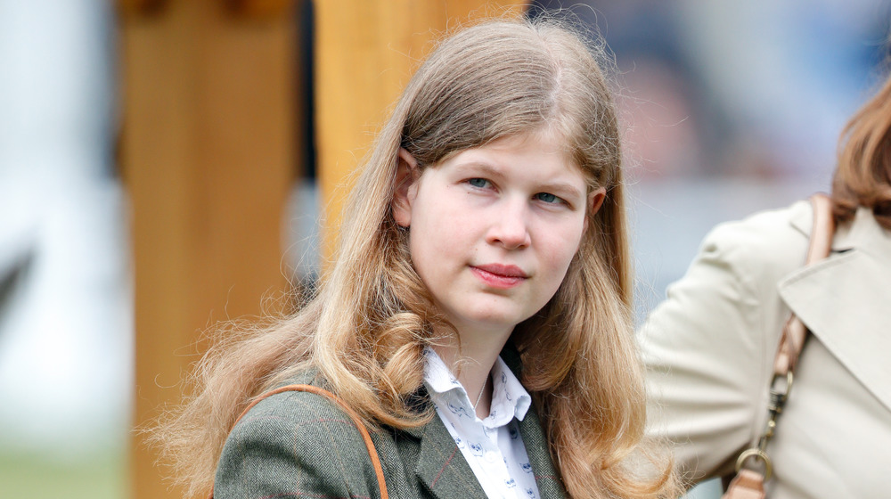 Lady Louise Windsor in gray jacket, outside