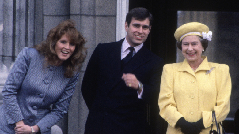 The Duchess of York, Prince Andrew, the queen and Prince Philip on the balcony at Buckingham Palace