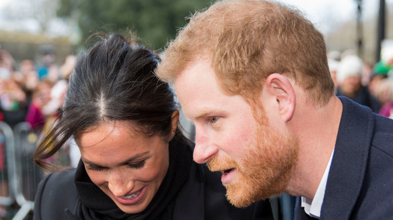 Prince Harry and Meghan Markle with crowds