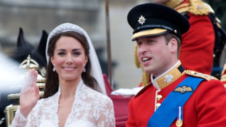 Prince William and Kate Middleton smiling on their wedding day