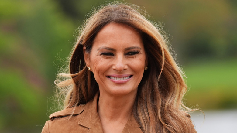 First Lady Melania Trump during a visit to Frogmore Gardens in Windsor, Berkshire, during the State visit by the President of the United States of America and U.S. First Lady Melania Trump, on September 18, 2025 in Windsor, England (2025)