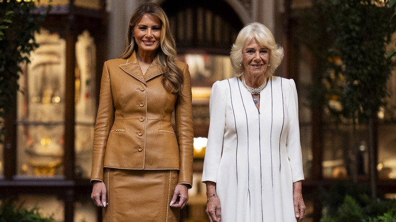 Queen Camilla and U.S. First Lady Melania Trump tour the Royal Library, during the State visit by the President of the United States of America and U.S. First Lady Melania Trump, on September 18, 2025 in Windsor, England (2025)