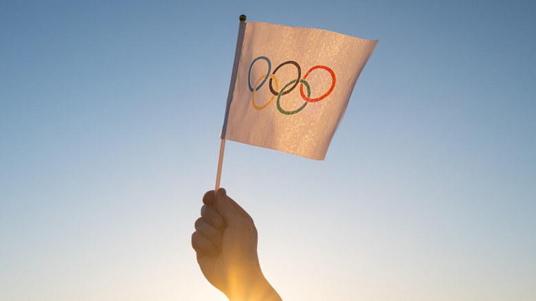 Someone holding a flag with Olympic rings