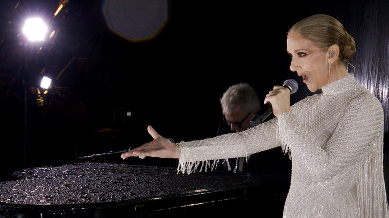 Celine Dion performing at the Olympics in Paris