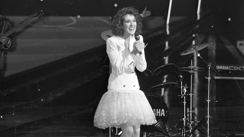 Black and white photo of Celine Dion performing at Eurovision in 1988