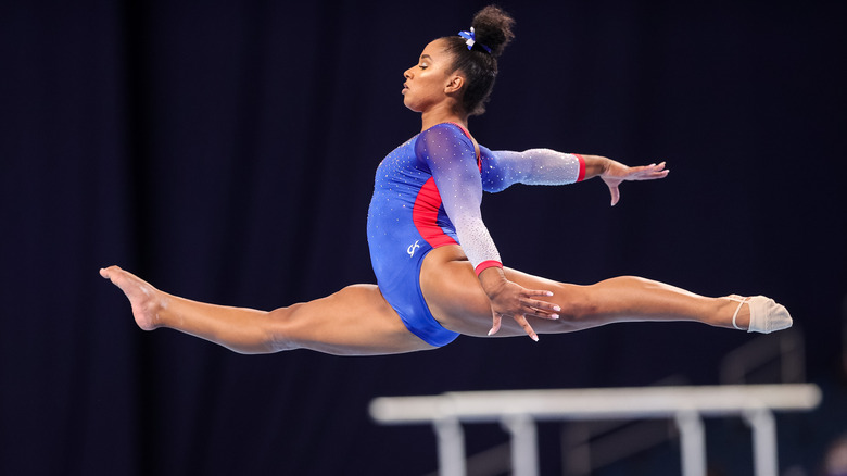 Jordan Chiles doing a split leap