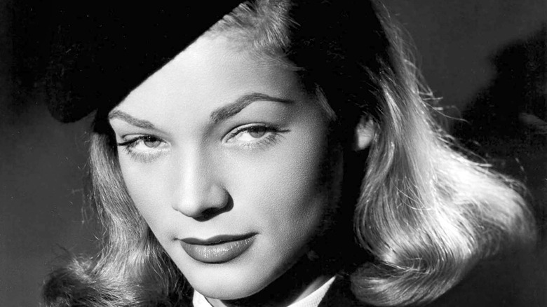 Lauren Bacall in black and white close-up