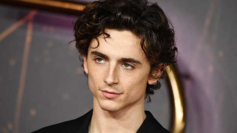 Timothée Chalamet in black shirt with curls falling on forehead