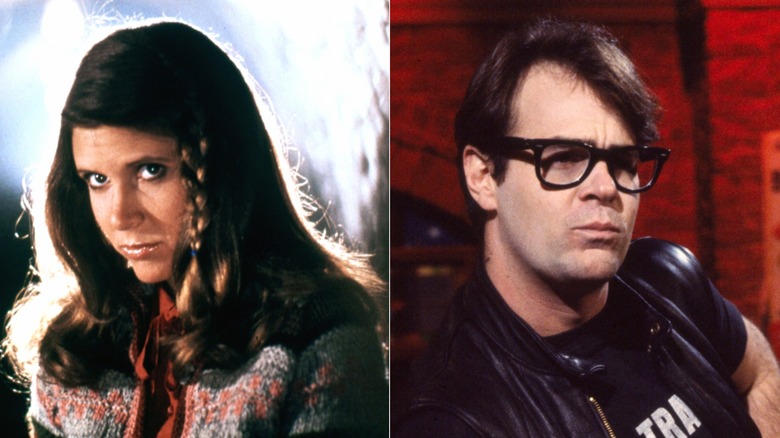 A split image showing Carrie Fisher and Dan Aykroyd