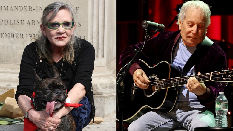 Split image of Carrie Fisher with her dog, Gary, and Paul Simon playing guitar
