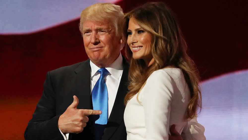 Donald Trump points to his wife, Melania