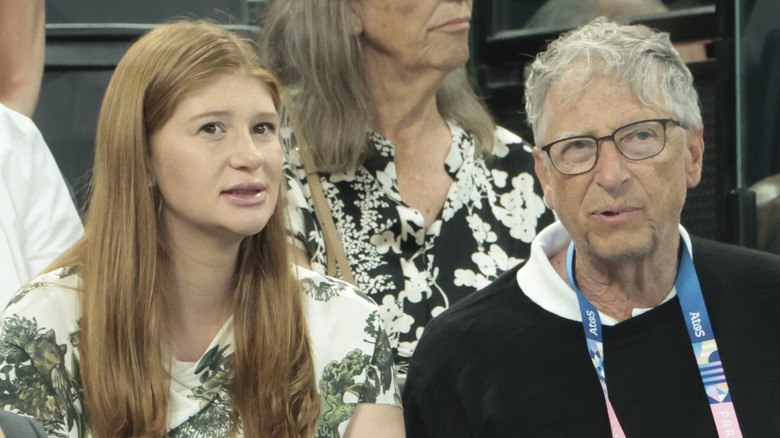 Bill Gates (R) with his daughter Jennifer Gates and husband Nayel Nassar (L) attend the Artistic Gymnastics Women's All-Around Final on day six of the Olympic Games Paris 2024 at Bercy Arena on August 1, 2024 in Paris, France (2024)