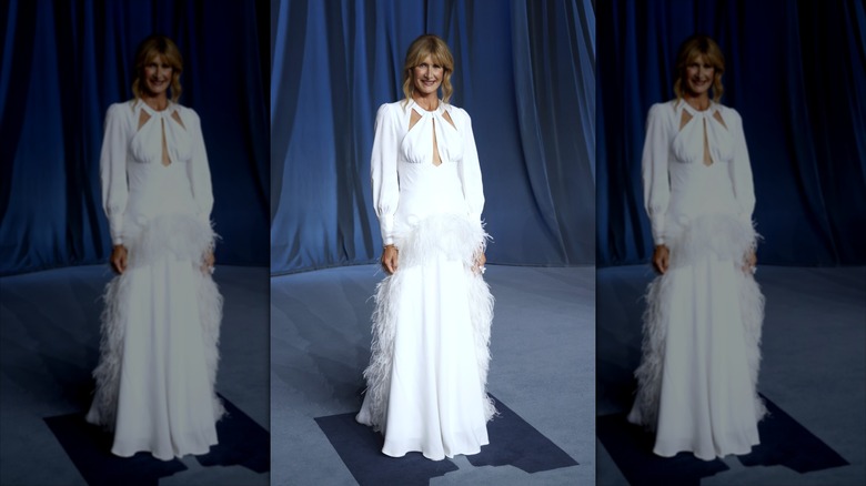 Laura Dern in an all white look with a blue backdrop