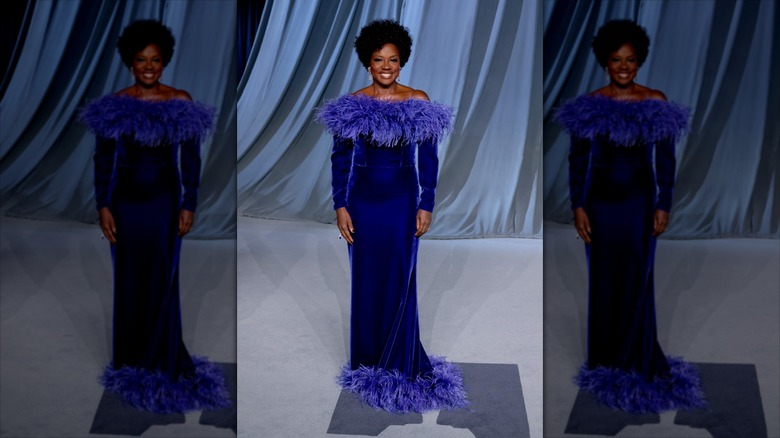 Viola Davis with a blue velvet and fur dress in front of a blue backdrop